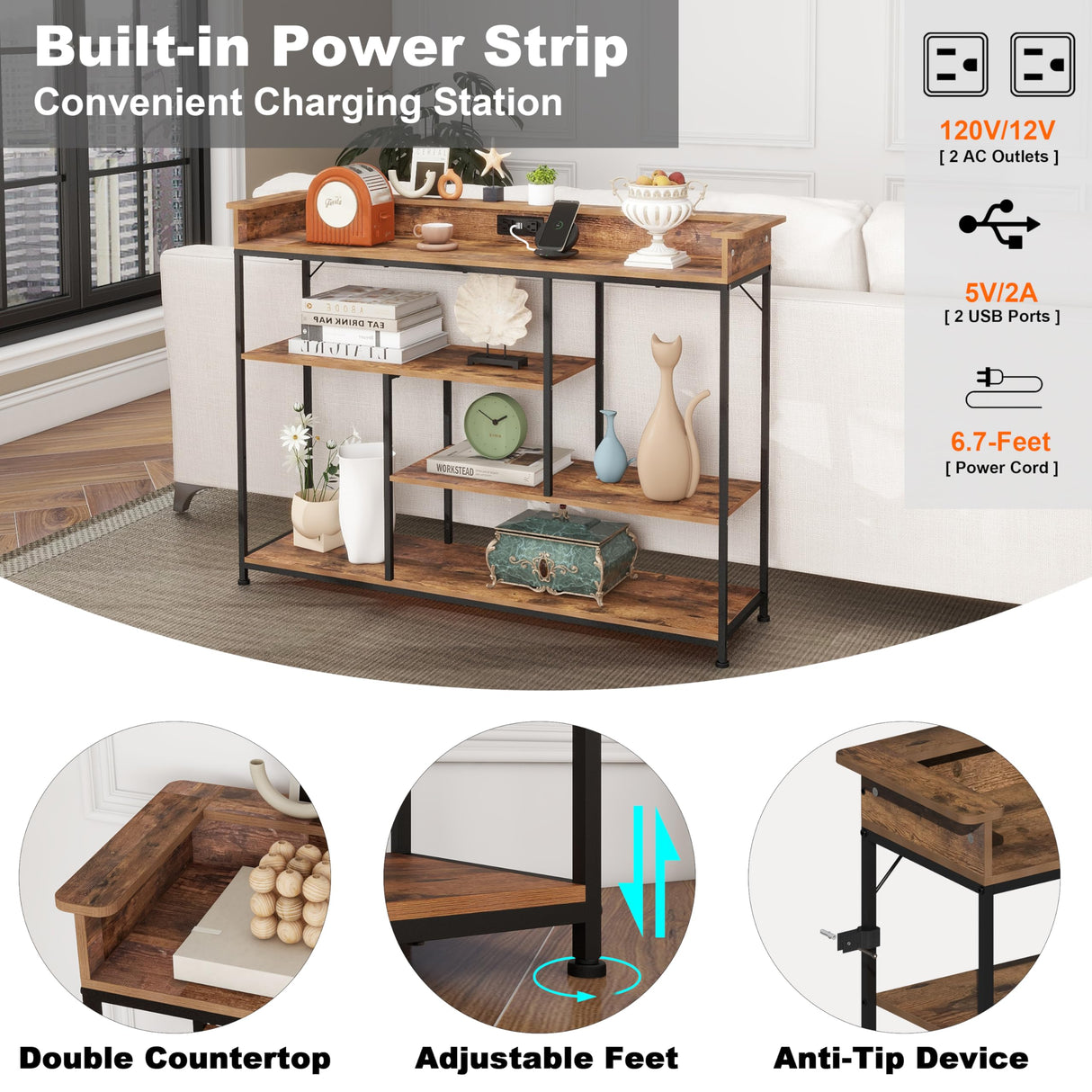 Welfuturer Console Table with Outlets and USB Ports 4Tier Sofa Table with LED Light and Open Shelves Industrial Entryway Hallway Side Table for Living Room Foyer Couch Hallway Rustic Brown Welfuturer