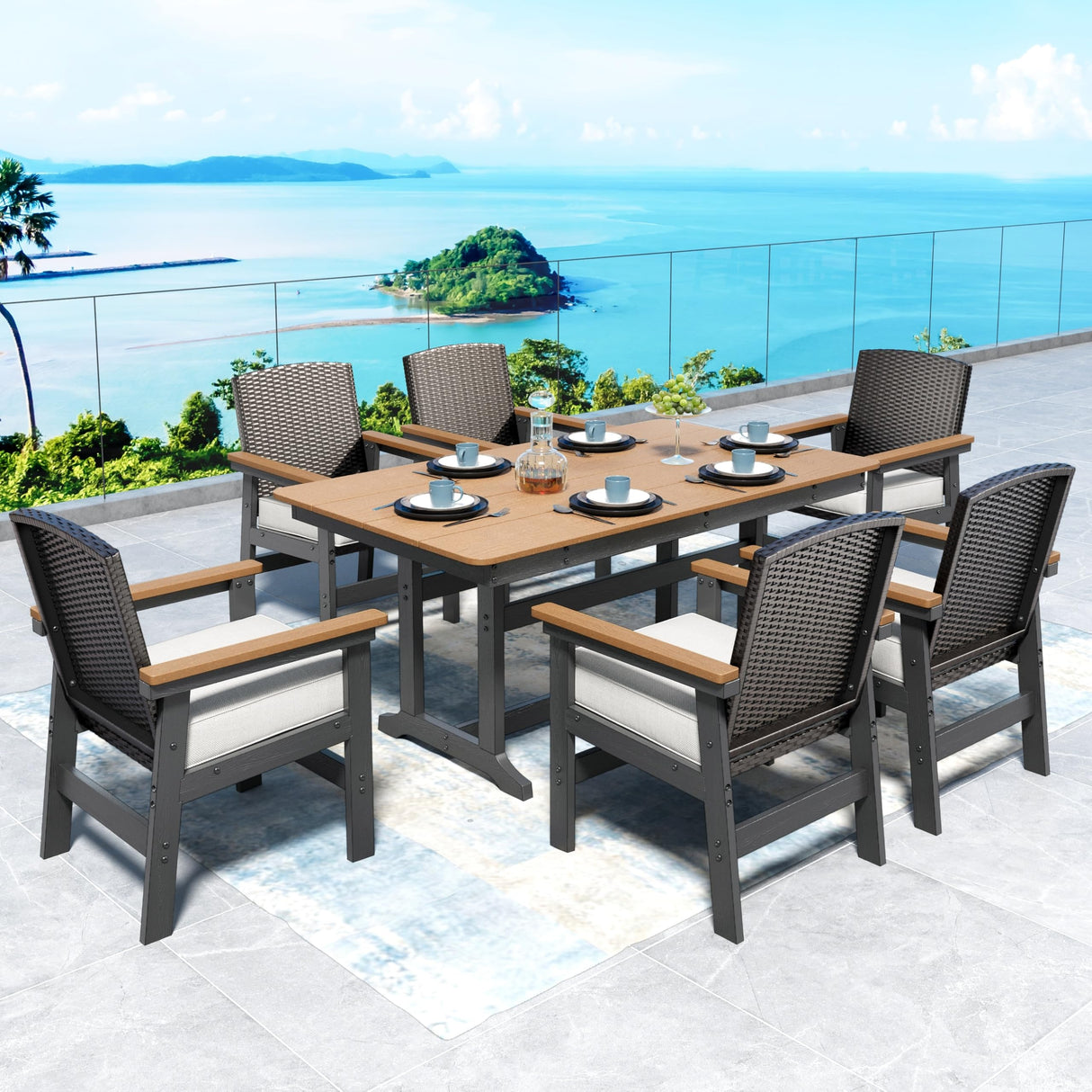 7 Piece HDPE Outdoor Dining Set for 6, 64” All Weather Wood-grain Dining Table, 6 Wicker Rattan Chairs with 3.2” Waterproof Cushion, Patio Table and Chairs Set for Backyard and Deck, Black SUNSHINE VALLEY