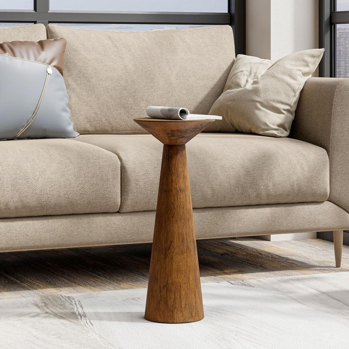 COZAYH 22.8” Tall Round Martini End Table, Walnut – Solid Pine Wood Pedestal Accent Drink Stand with Tapered Base – Farmhouse Modern Furniture for Living Room, Bedroom & Small Spaces COZAYH