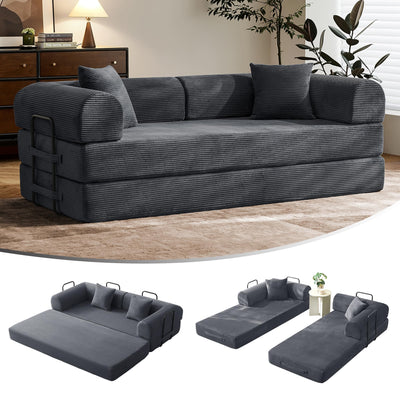 79" Convertible Sofa Bed with Fixed-Shape Frame & Removable Armrests, Modular Corduroy Sleeper Sofa, Folding Mattress Couch for Small Spaces - No Assembly Needed in Dark Gray (Includes 2 Pillows)