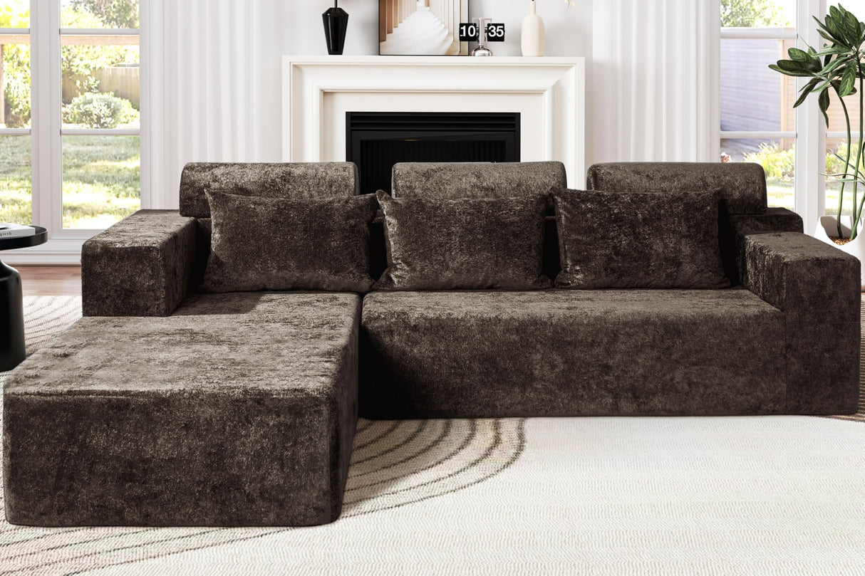 Homguava Modular Sectional Couches for Living Room,105" Cloud Couch with L-Shape Chaise,Comfy Sofa Living Room Couch with Deep Seat,No Assembly L Couch,Luxury Distressed Velvet(Yellow Brown,L) Homguava