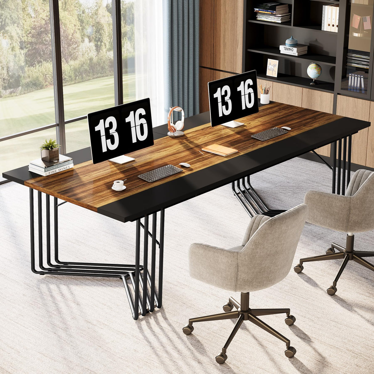 Tribesigns 78.74-Inch Conference Table, 6.56 ft 2 Person Desk Home Office Desk with Sturdy Geometric Metal Frame, Meeting Table Business Seminar Table for 8-10 People, Rustic Brown & Black Tribesigns