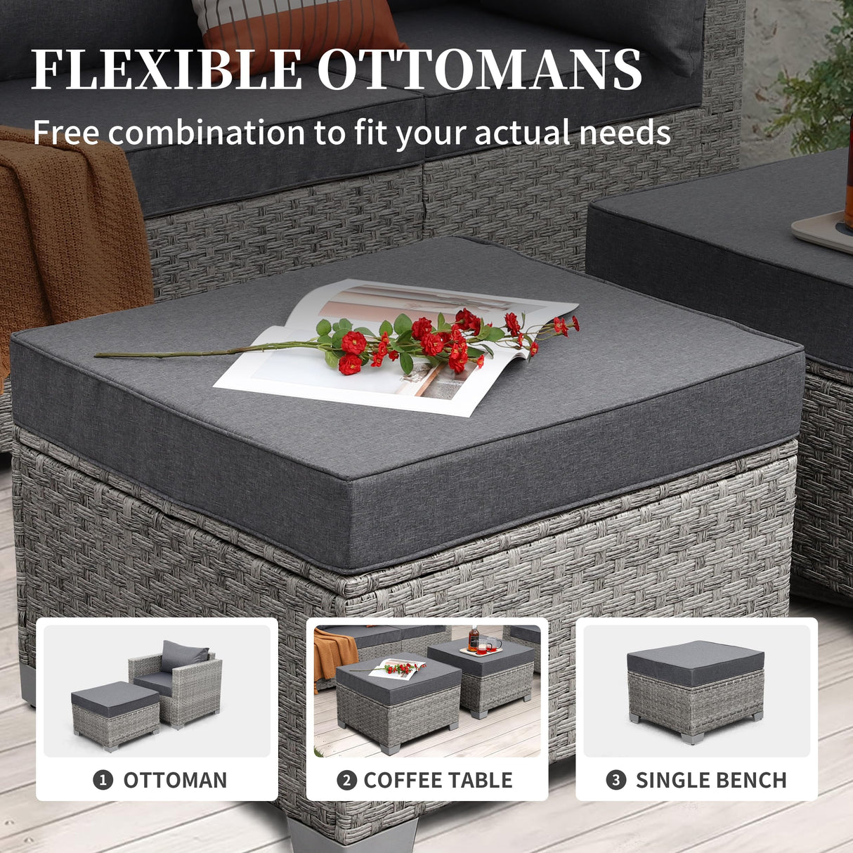 WAROOM Patio Furniture Set 6 Piece Outdoor Patio Set Grey Wicker Balcony Furniture Conversation Sets PE Rattan Couch Sofa with Coffee Table, Grey Cushion WAROOM