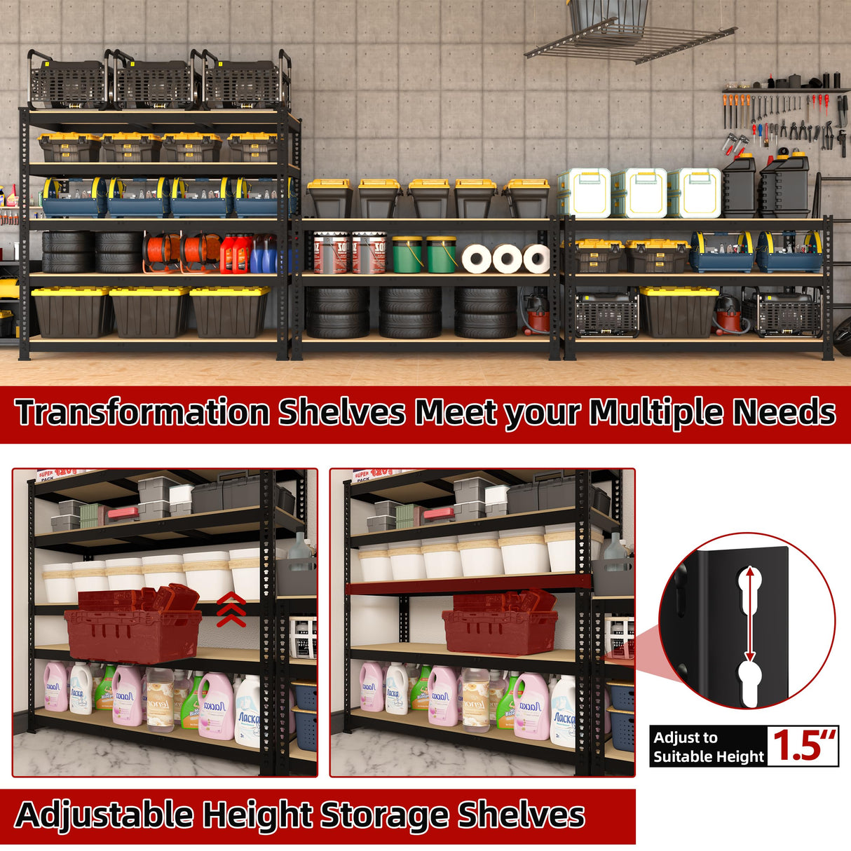 BuxWellBang 5 Tier Garage Storage Shelves - 48" W x 18" D x 71" H Heavy Duty Adjustable Shelving Unit, Metal Organizer Utility Rack for Basement, Pantry, Kitchen, Black BuxWellBang