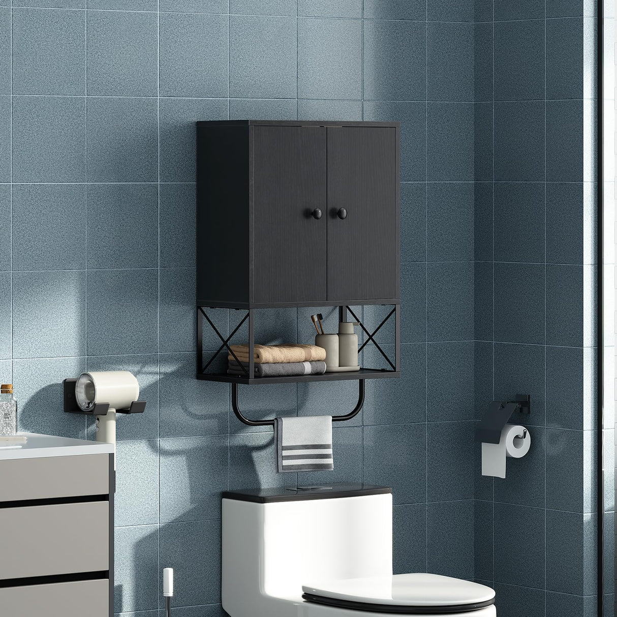 MAHANCRIS Bathroom Wall Cabinet with 2 Door and Adjustable Shelf, Farmhouse Medicine Cabinet with Towel Rack, 3-Tier Wall Mounted Storage Cabinet Over The Toilet for Bathroom Laundry Room, Black MAHANCRIS