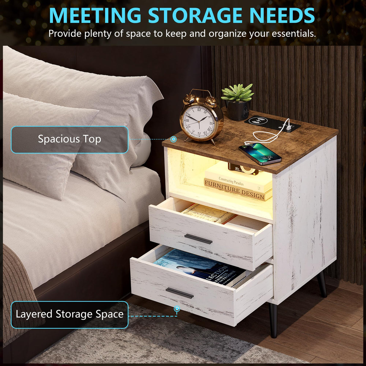 LVSOMT Nightstands Set of 2, White Nightstand with Charging Station, Night Stands with Human Body Induction, Bedside Tables with 2 Drawers, Open Shelf, Modern Night Stand for Bedroom LVSOMT