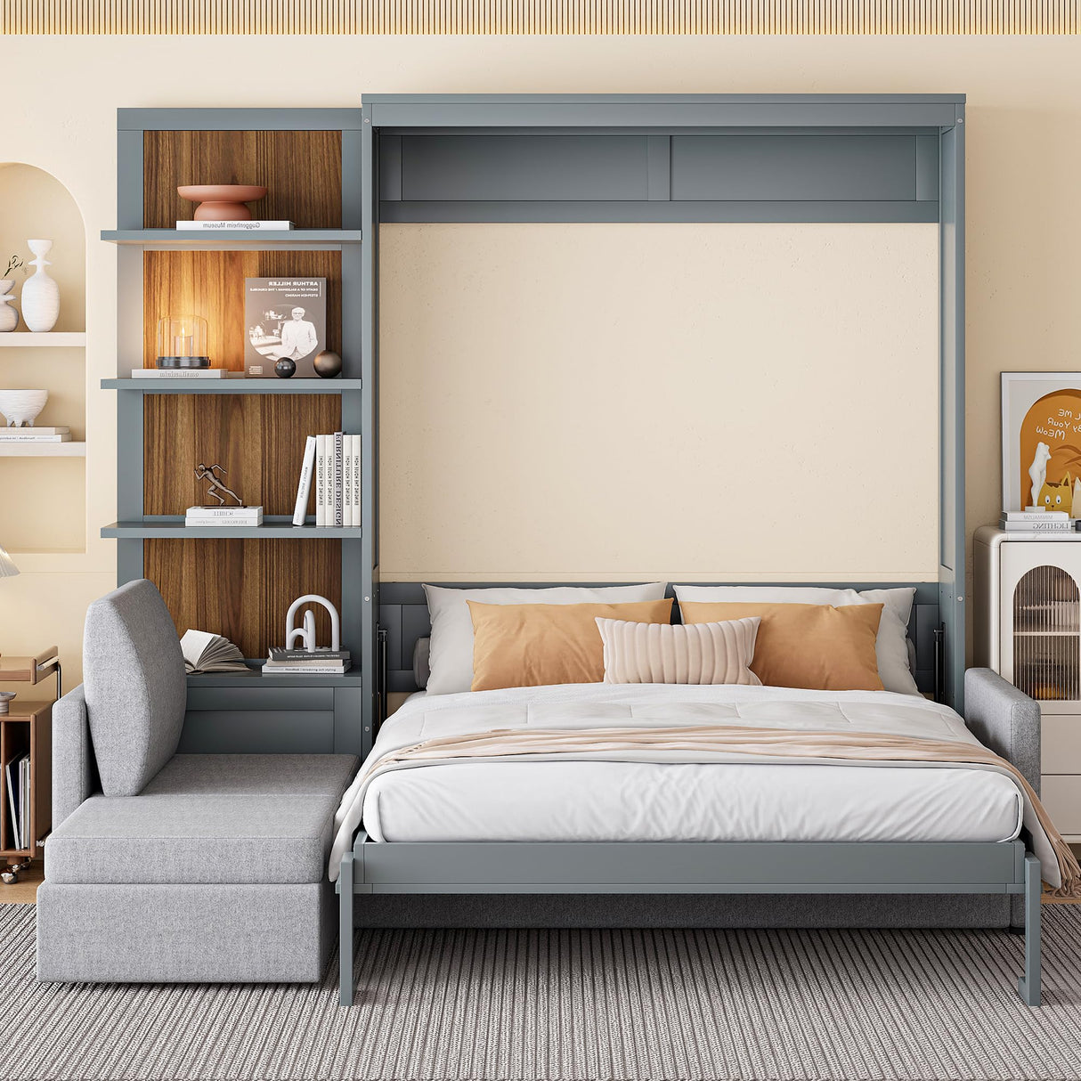 Queen Size Murphy Bed Wall Bed with Sofa and Shelves,Versatile Convertible Wooden Bed Frame,Space-Saving for Multipurpose Guest Room or Home Office (Gray) GYYBED