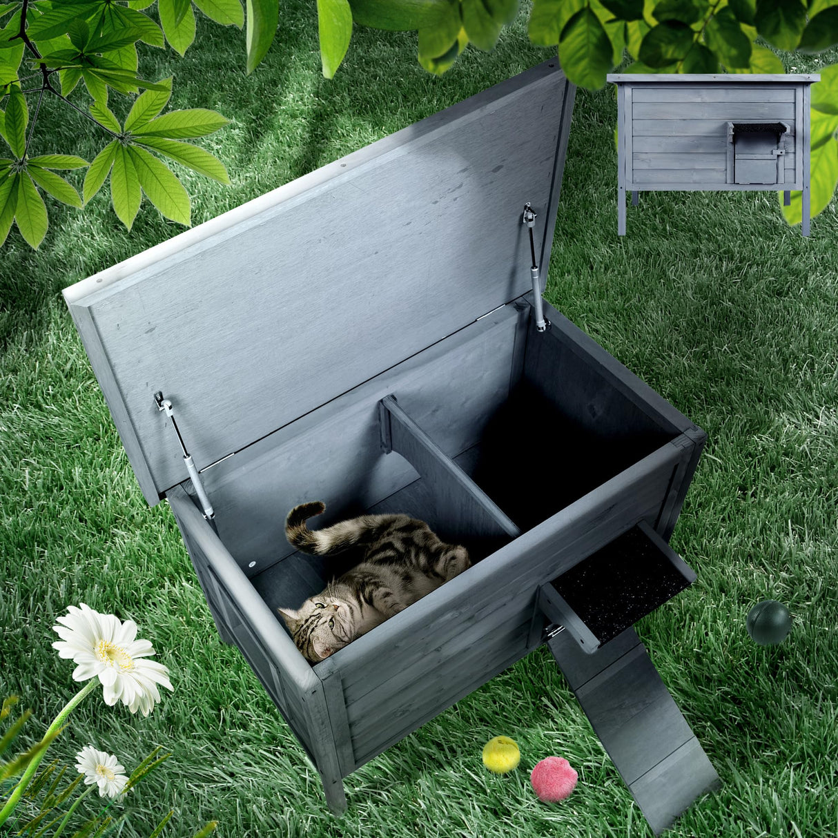 BRIOPAWS Outdoor-Cat-House-Insulated | Feral-Cat-Shelter for Summer | Weatherproof | Large Wooden Pet House for Multiple Cats | Foldable Ladder | Acrylic Side Window | Grey BRIOPAWS