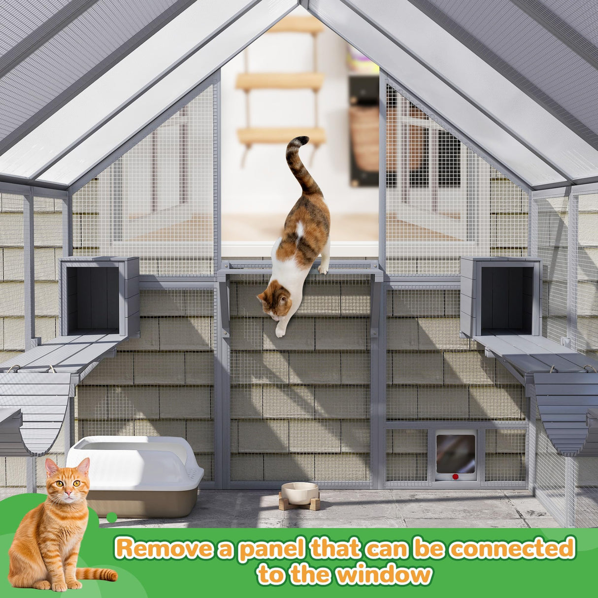 Large Catio Outdoor Cat Enclosure, 53.5ft² Extra Large Outdoor Catio for Multiple Cats, Big Wooden Walk-in Outside Cattery Cat Run with Weatherproof Full Cover, Window Access Avaliable, Grey COZIWOW