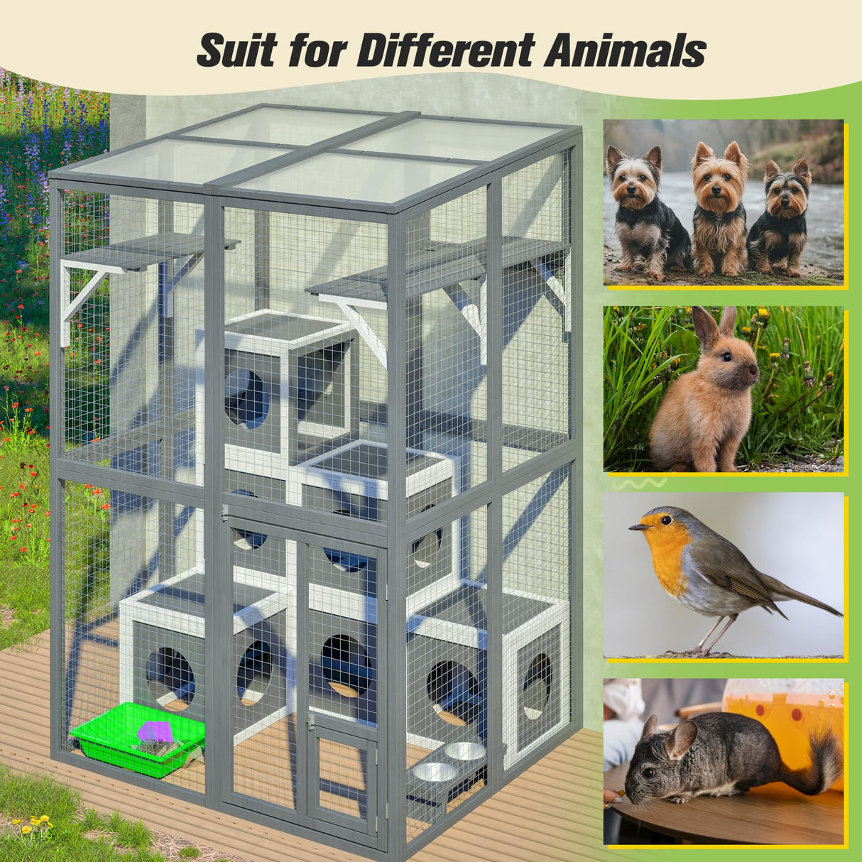 Linkhoo Large Wood Outdoor Catio Cat Enclosure with Weatherproof Roof and Food Bowl, Cat House Cage Playpen w/ 2 Jumping Platforms & 7 Napping Houses, Walk-in Kitty Kennel Indoor Condo Shelter, Grey LINKHOO