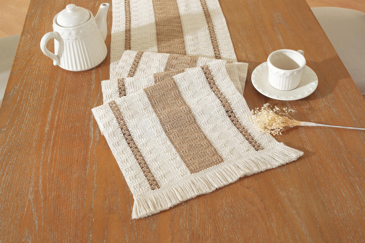 Farmhouse Decor Boho Table Runner with Macrame, Elegant Beige Brown Coffee Table Runners 72 Inches Long, Rustic Home Decor Boho Decorations for Dining Room Kitchen Baby Bridal Shower (12"×72") AILUOQI