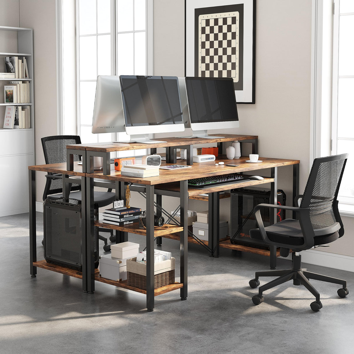 VERMESS 48Inch Computer Desk, Home Office Desks with Keyboard Tray, Gaming Desk with CPU Stand Shelf,Industrial Study Table Wide Writing Desk with Storage Shelves for 2 Monitors, Rustic Brown VERMESS