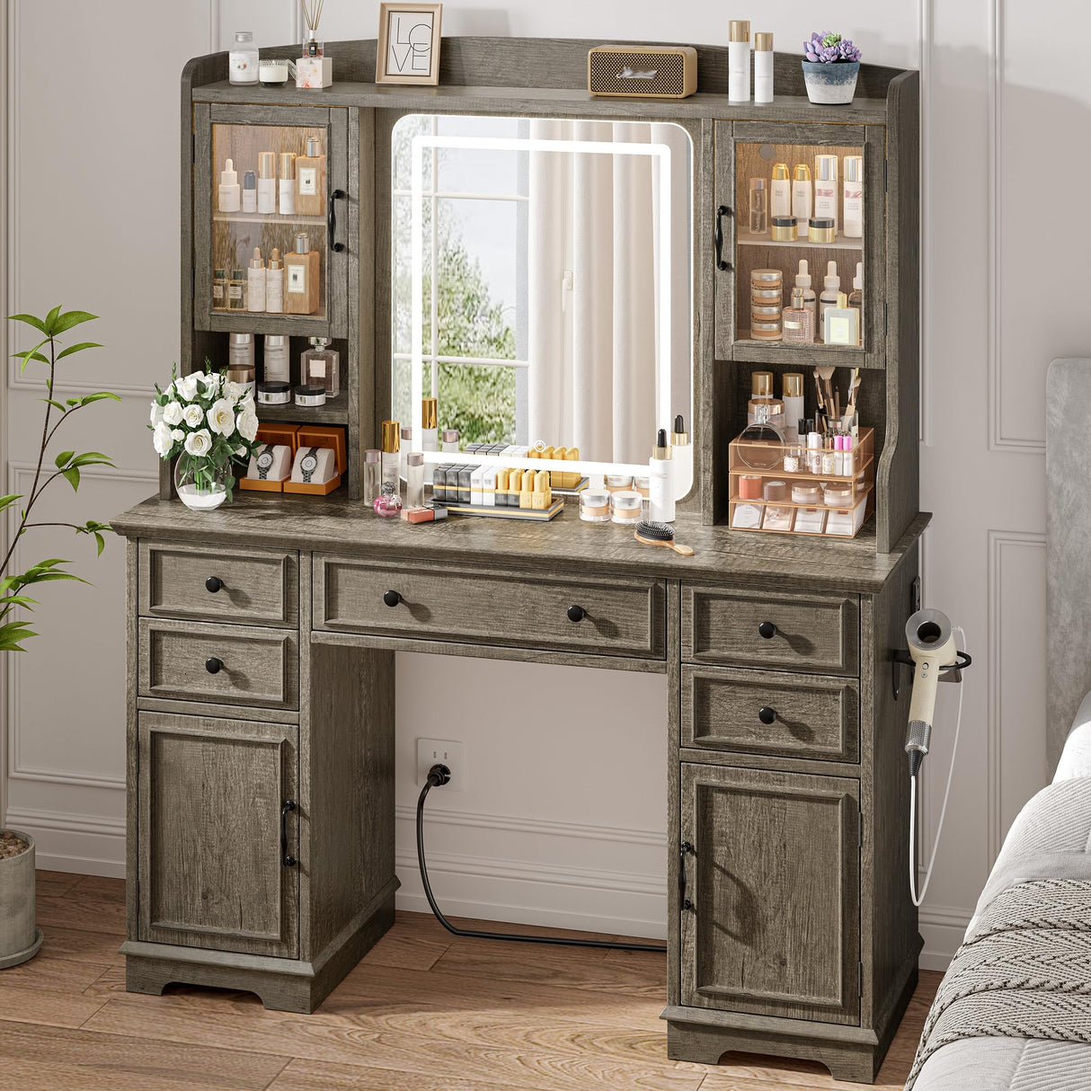 EnHomee Farmhouse Vanity Desk with LED Lighted Mirror, Makeup Vanity Table with RGB Cabinets and Lots Storage, 5 Drawers and 6 Storage Shelves for Bedroom and Dressing Room, Dark Oak EnHomee