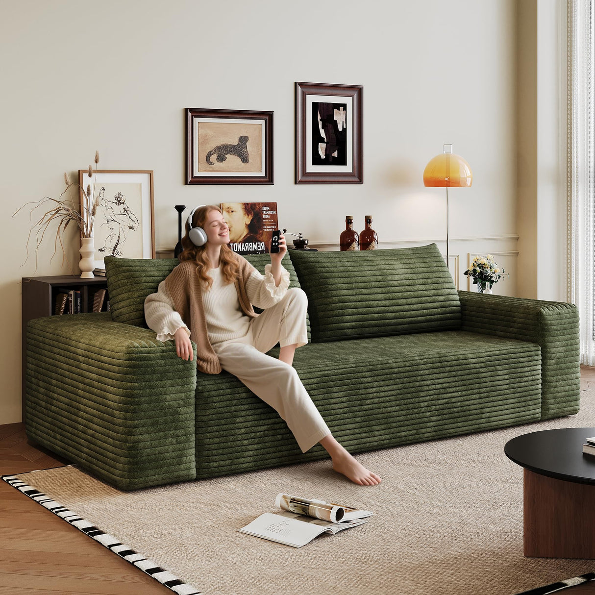 63" Cloud Loveseat Sofa - Boneless Deep Seat 2-Seater, No Assembly Foam Floor Couch, Plush Corduroy Fabric, Modern Living Room Sofa for Small Space Apartment, Bedroom, Office (Green, 63") Klwenas Maec