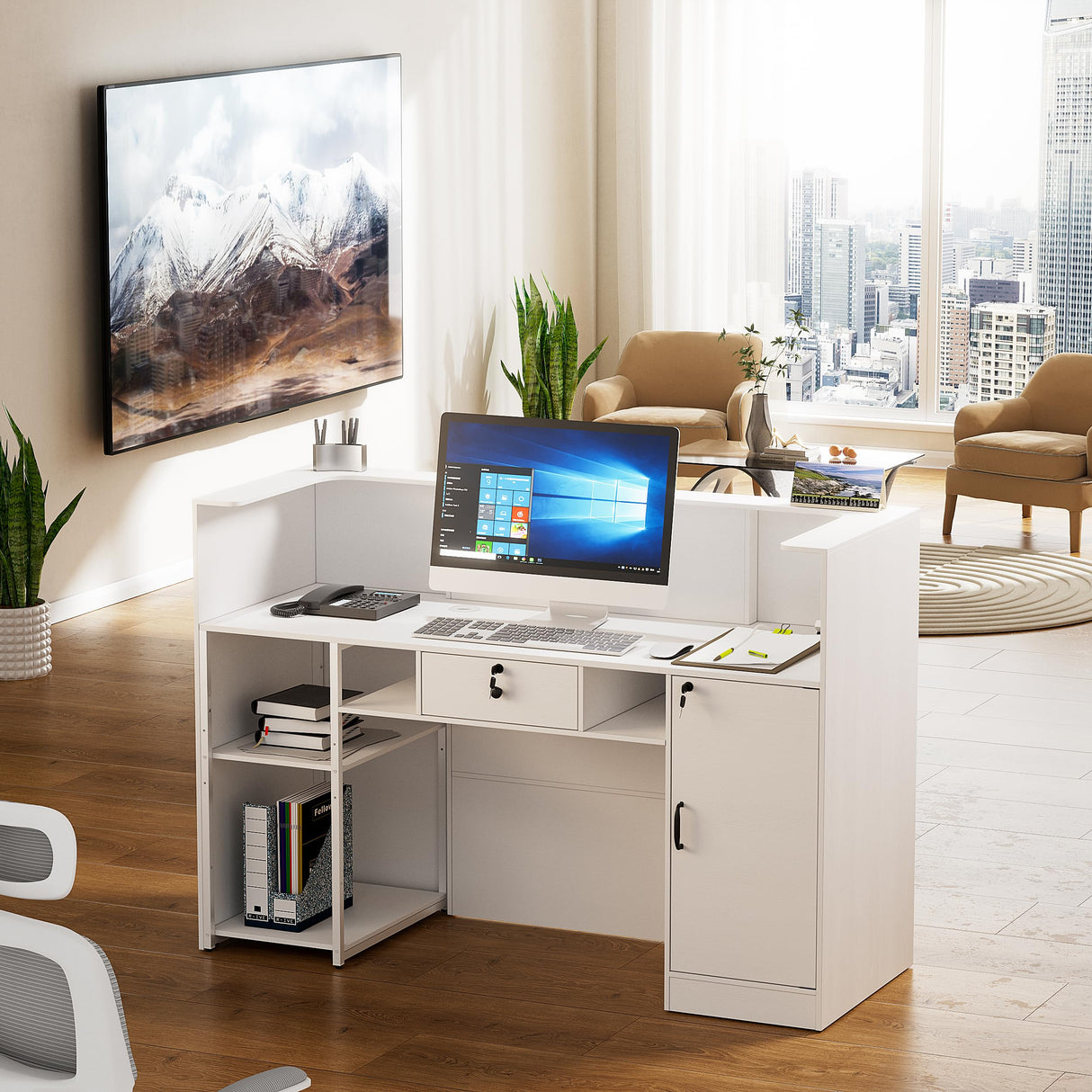 PAKASEPT Modern Reception Desk with LED Lights, 63 Inches Front Counter Table with Lockable Drawer & Shelves, Checkout Counter for Reception Room, Lobby, Beauty Salon, Retail,Office PAKASEPT