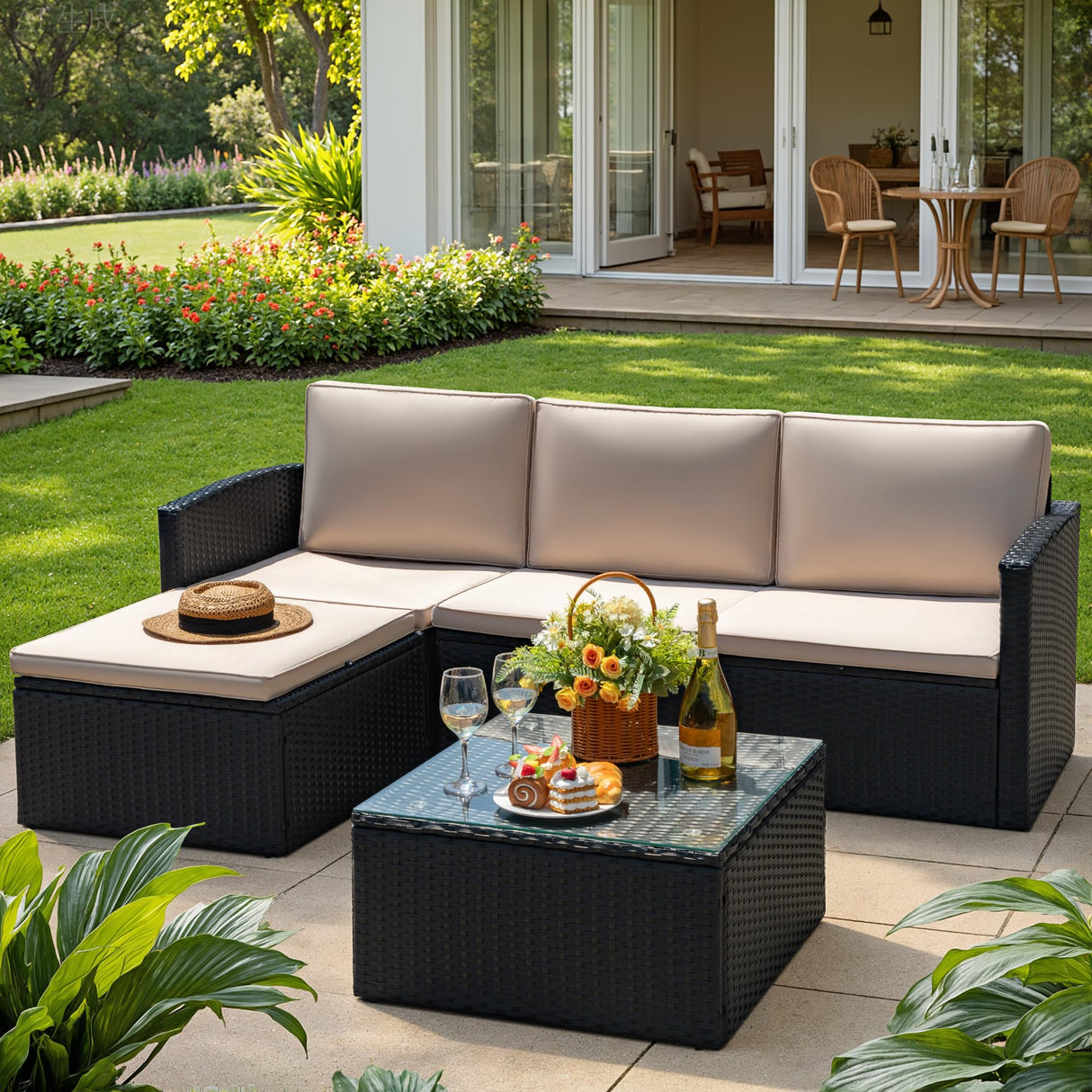 Devoko Patio Conversation Set 4 Piece Outdoor Furniture Sets PE Wicker Rattan Patio Sofa Sectional Adjustable All-Weather with Cushions and Glass Table for Porch Backyard Poolside, Beige Devoko