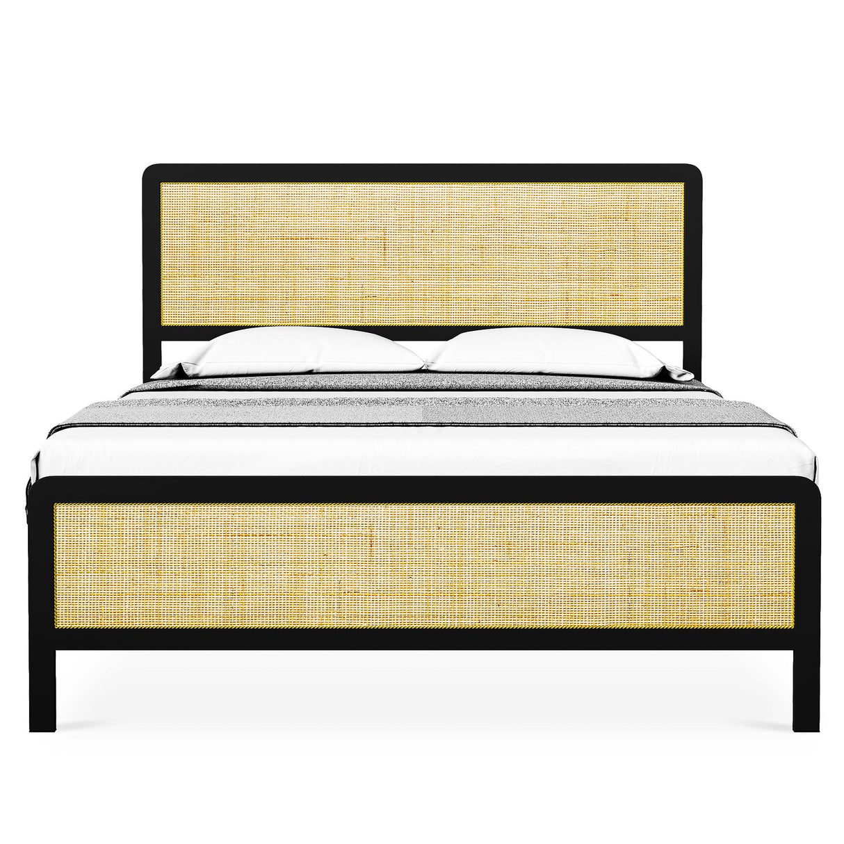 Amyove Full Size Bed Frame with Natural Rattan Headboard, Bohemian Platform Bed Frame with Strong Metal Slats Support, Boho Cane/Mattress Foundation/No Box Spring Needed Amyove