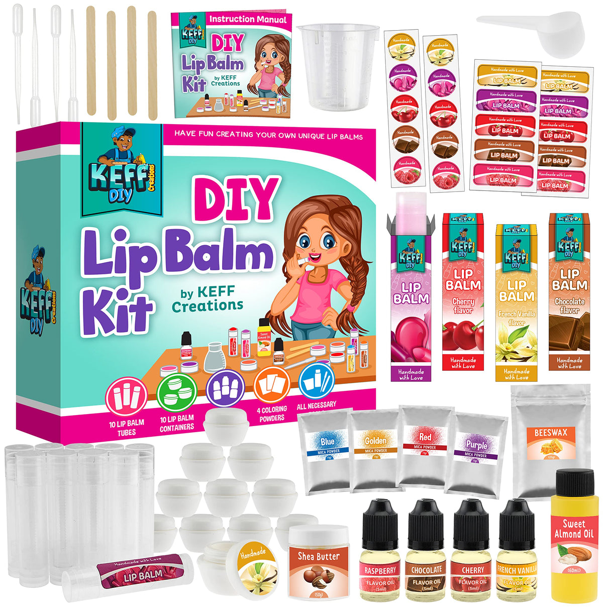KEFF 51Pcs Lip Balm Making Kit - DIY Set for Natural Ingredients - Make Your Own Lip Gloss & Lip Balm for Kids Makeup Kit with Beeswax, Shea Butter, Flavor Oils, Mica Color Powders KEFF