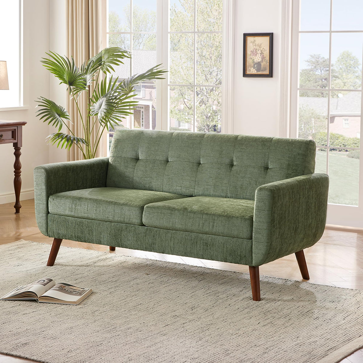 Tbfit 65" W Loveseat Sofa, Mid Century Modern Couches Love Seats for Living Room, Button Tufted Upholstered Small Couch for Bedroom, Solid and Easy to Install Love Seats Furniture, Green Tbfit