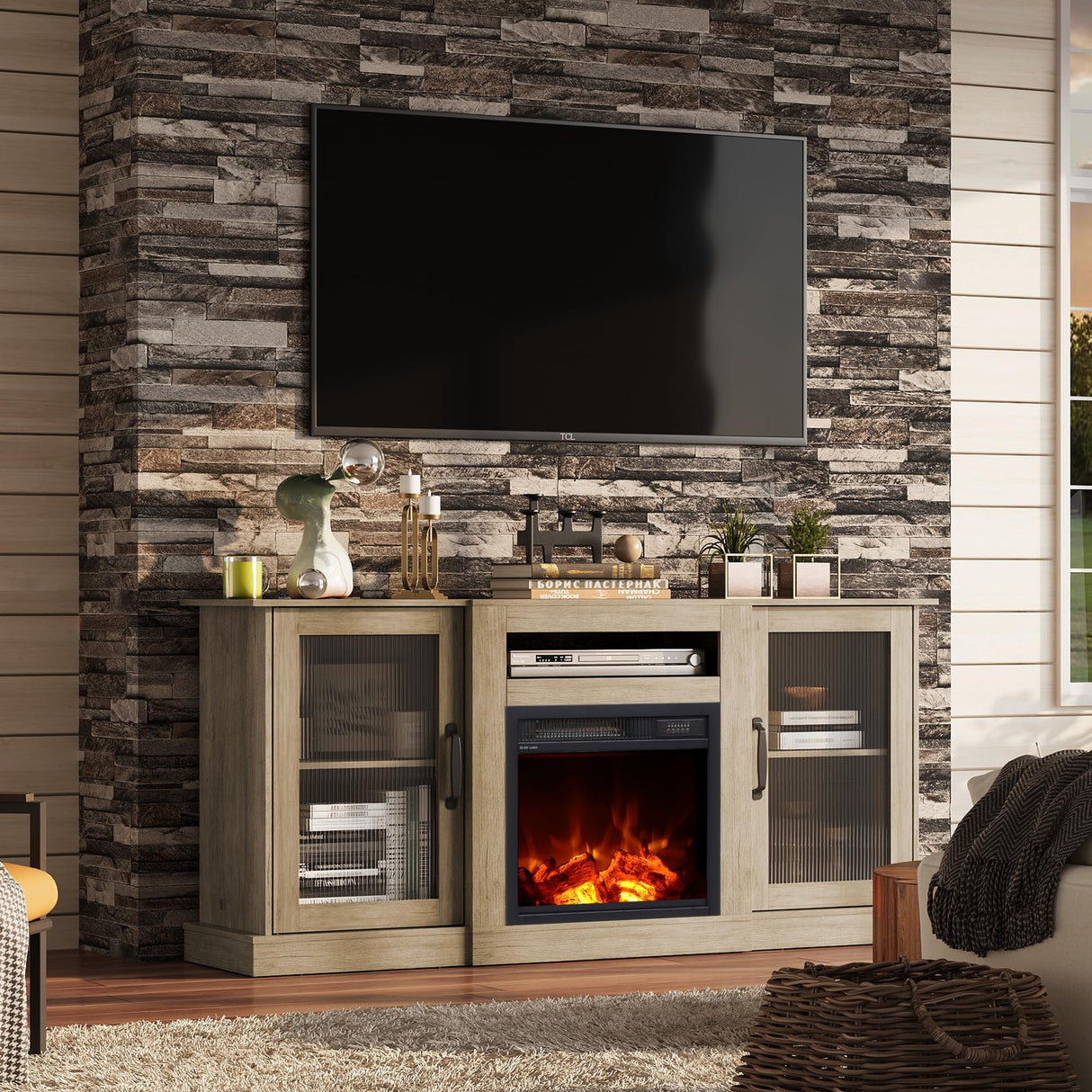 WLIVE Fireplace TV Stand for 65" TV, Entertainment Center with 18 Inch Electric Fireplace, TV Console with Open Shelves for Living Room and Bedroom, Greige WLIVE