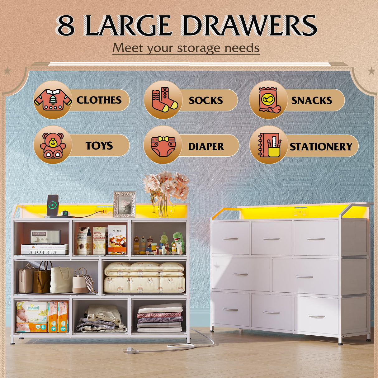 WLIVE Led Dresser for Bedroom, White Dresser TV Stand for Bedroom with LED Lights and Power Outlet, Wide Chest of Drawers for Hallway, 8 Fabric Drawers for Living Room and Entryway, Easy to Assemble WLIVE