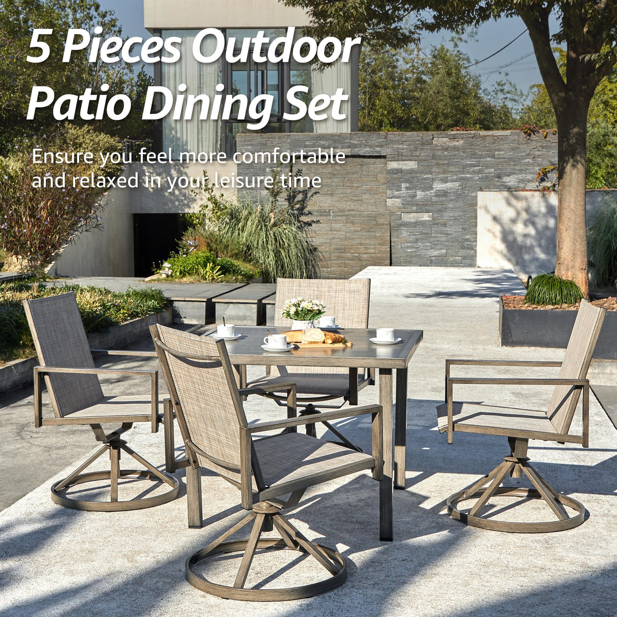NATURAL EXPRESSIONS Patio Swivel Dining Set of 5, 4-Piece Mesh Sling High Back Chairs, 1-Piece 38" Square Woodgrain Steel Dining Table with 1.65'' Umbrella Hole for Outdoor Garden Yard NATURAL EXPRESSIONS
