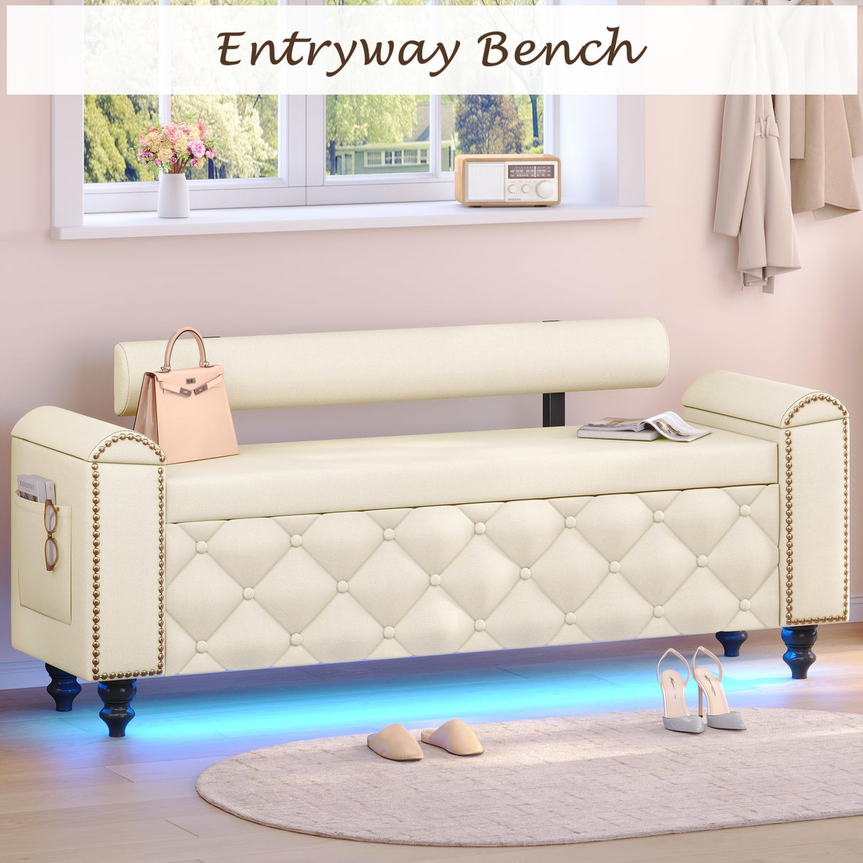BYSAUD 51" Storage Bench, End of Bed Bench with LED Lights & Curved Arm, Upholstered Ottoman Bench with Storage, Bedroom Bench with Tufted Button & Nailhead Trim for Living Room Entryway, Beige BYSAUD