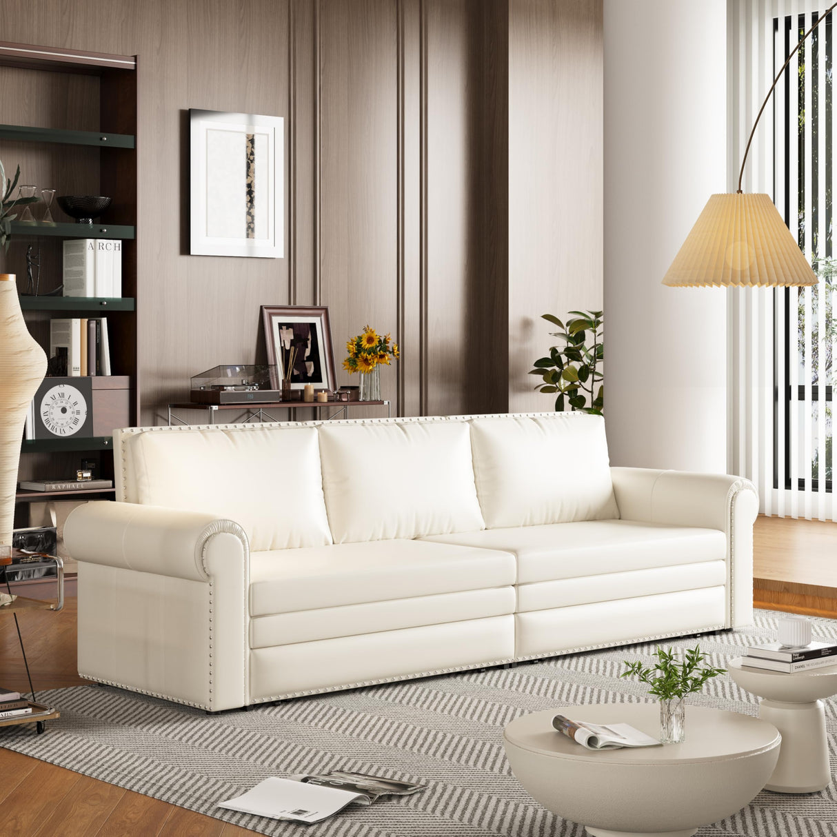 DNChuan 93.7" Chesterfield 3 Seater Pull Out Sofa Bed King Size with Pillows, PU Leather 3-in-1 Convertible Sleeper Couch with Nails Trim, Space Saving for Living Room, Cream White DNChuan