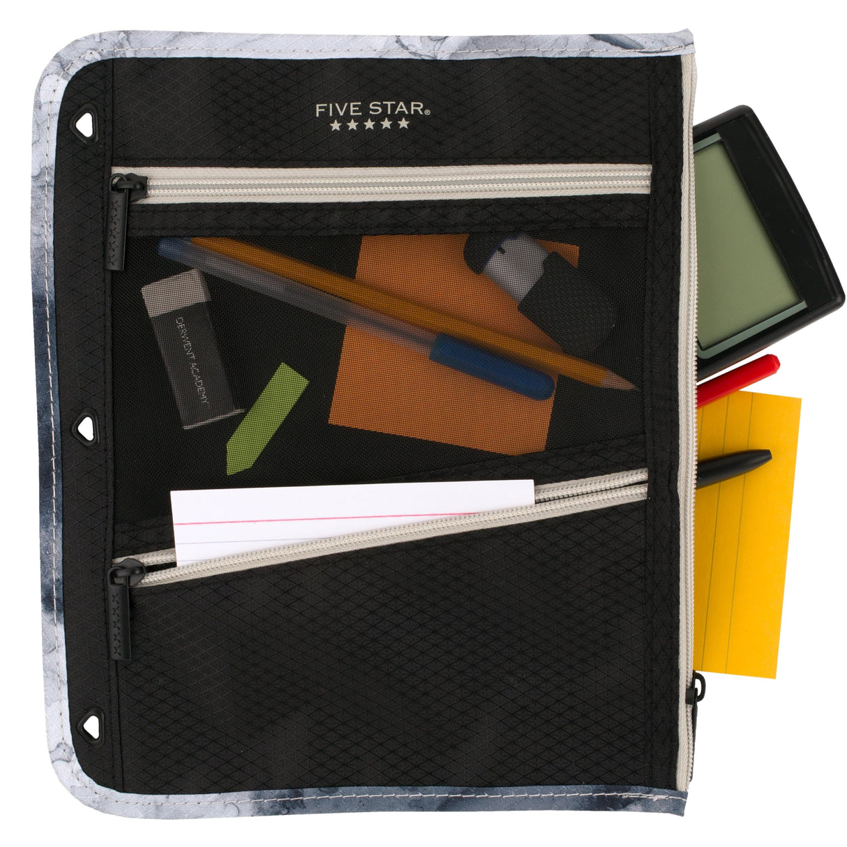 Five Star Pencil Pouch, Pen Case, 3-Pocket Zipper Pouch, Fits 3-Ring Binder, Storage Organizer for Classroom Supplies Earbuds Chargers Cables Makeup, Black/Grey (506420A-ECM) Five Star