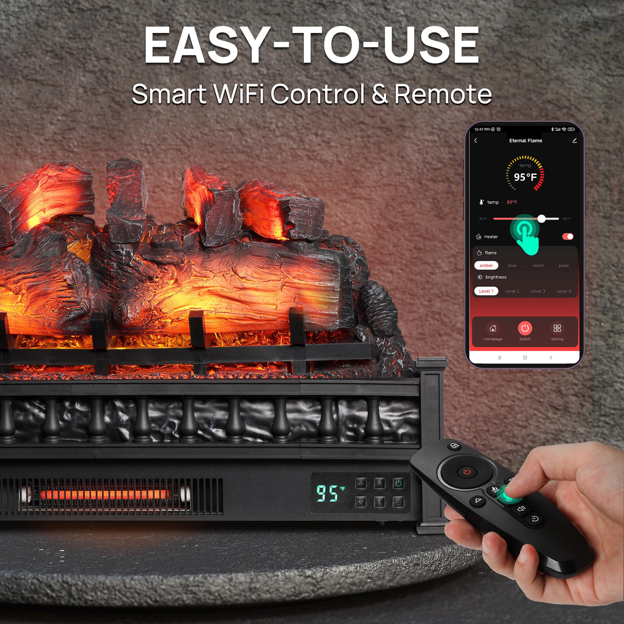 TURBRO Eternal Flame 30 in. WiFi Infrared Quartz Electric Fireplace Log Heater with Sound Crackling, Realistic Pinewood Logs, Adjustable Flame Colors, Remote Control, Thermostat, Timer, EF30-PB, 1500W TURBRO