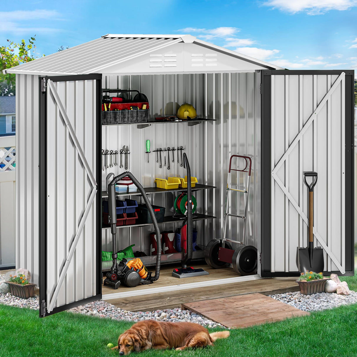 DWVO 6x4ft Metal Outdoor Storage Shed, Waterproof Tool Shed Heavy-Duty Storage Unit with Lockable Door and Vents, Ideal for Bicycles, Tools, Lawnmowers, Backyards, Patios, Lawns - White DWVO