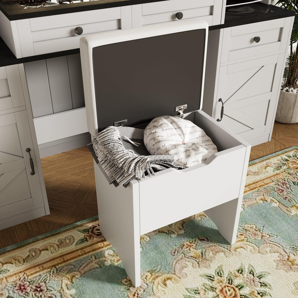 Merax Vanity Desk with Mirror, LED Lights and Power Outlet, Large Glass Top Makeup Vanity Table with 5 Drawers & 4 Cabinets, Farmhouse Dressing Table and Cushioned Storage Stool, for Bedroom, White Merax