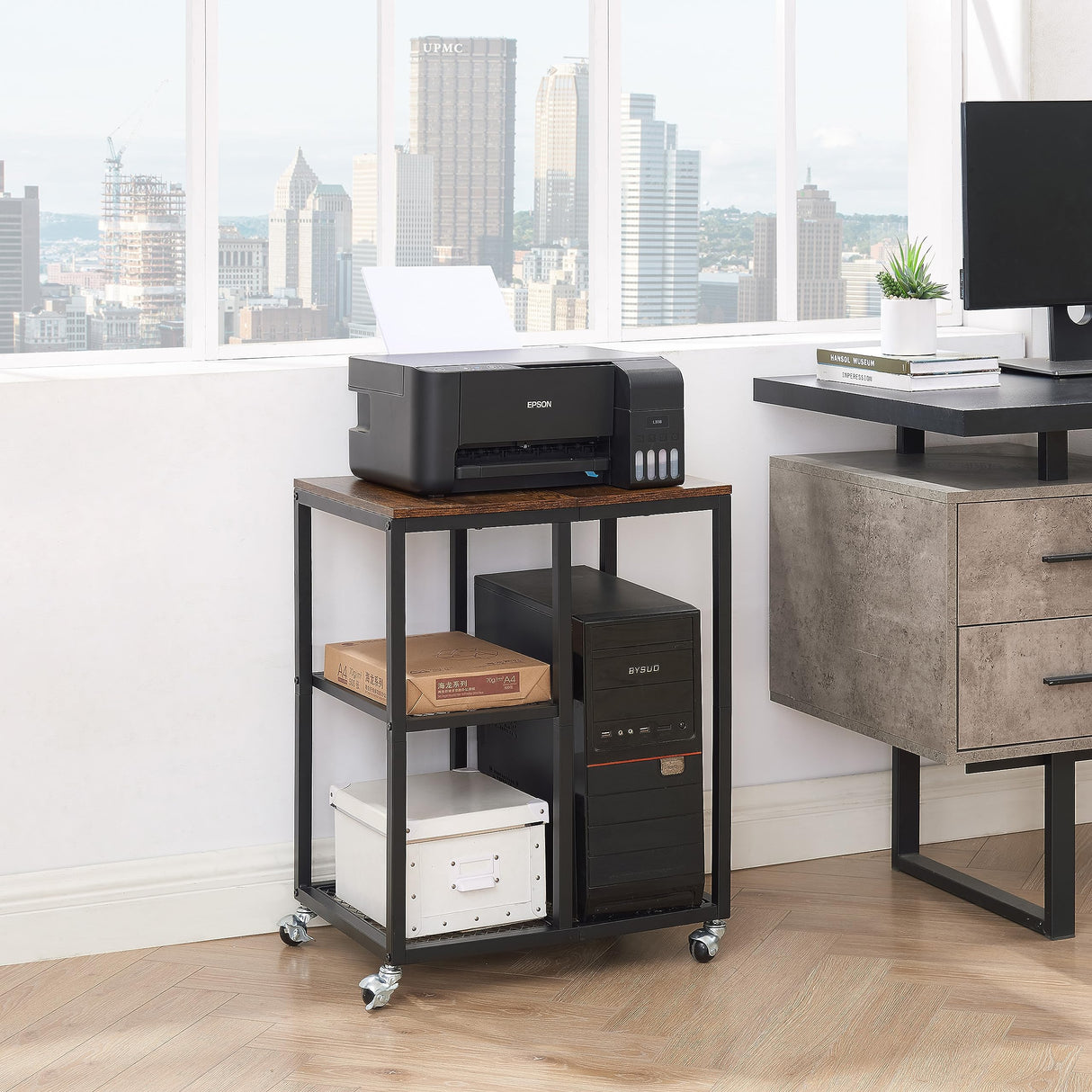 JOIN IRON Printer Stand with Storage Shelf for Home Office Storage, Printer Table with Wheels,CPU Rack, Mobile Computer Trolley, Office cart,Utility Carts,Office Lateral File Cabinets JOIN IRON