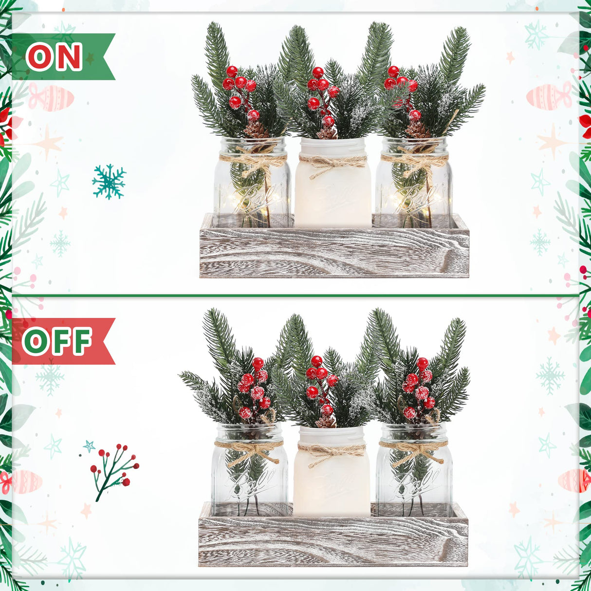 Christmas Mason Jar Centerpiece for Table with LED Lights & Artificial Plants, Set of 3 Farmhouse Decorative Mason Jars for Christmas Home Decor, Winter Kitchen Dining Table Centerpiece Maracco