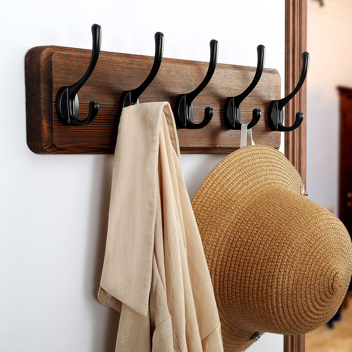 Dseap Coat Rack Wall: Patented, Heavy-Duty, 17.4" Long 5-Double-Hooks Wooden Wall Mounted Coat Rack Coat Hanger Hook Rail for Winter Coats Hat Jacket Clothing, Natural & Black Dseap