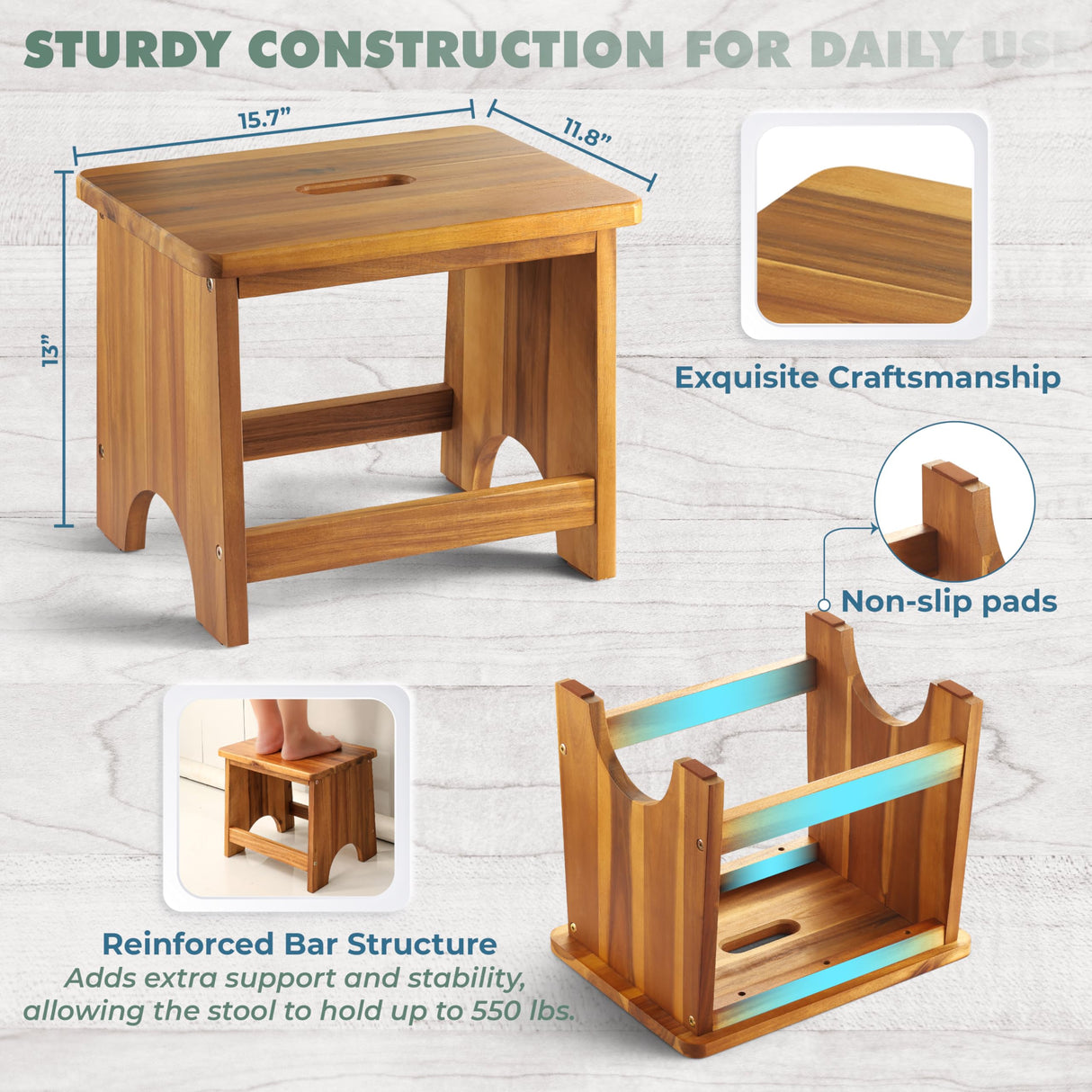 Wooden Step Stool, 13'' Heavy Duty Step Stool for Adults with Convenient Handle, Wooden Stepping Stool Hold up to 500 lbs, Heavy Duty/Nonslip/Durable Construction Safe Step Stool for Bedroom/Kitchen FANATU