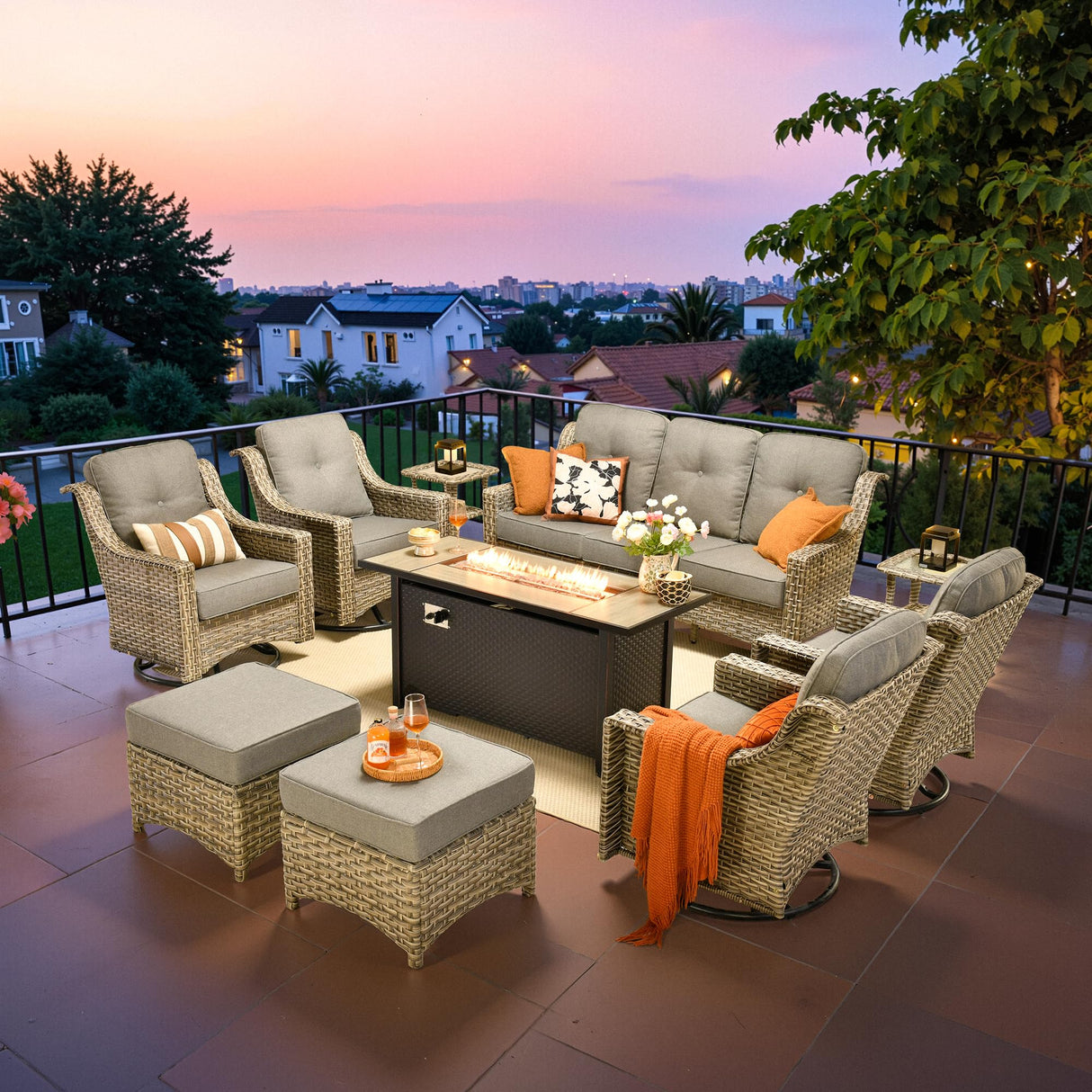 ovios Outdoor 10 Piece Patio Furniture with 54in Fire Pit Table,Wicker Coversation Set with Swivel Rocking Chair,Comfy Sectional Deep Sofa with Ottoman for Outside Porch Balcony Backyard,Dark Grey ovios