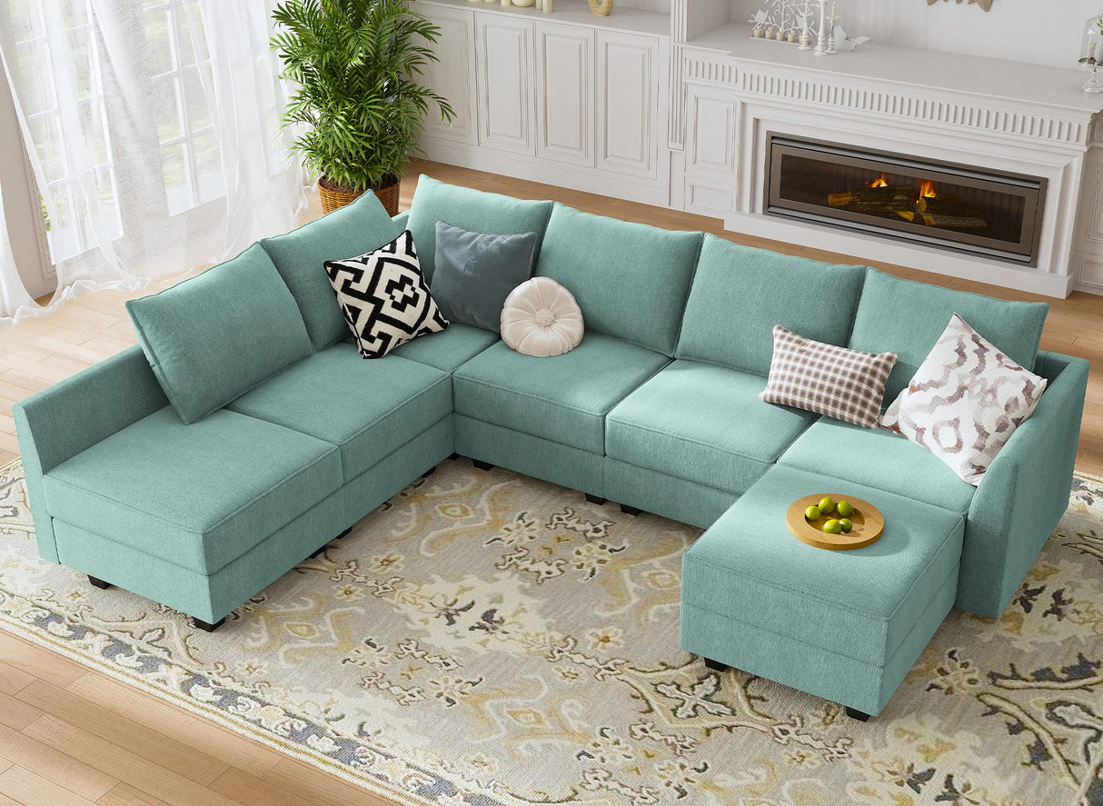 HONBAY Modular Sectional Sofa with Storage Ottoman Fabric Modular Couch with Reversible Chaise 6-Seater L Shape Corner Sofa Sectional Couch, Aqua Blue HONBAY