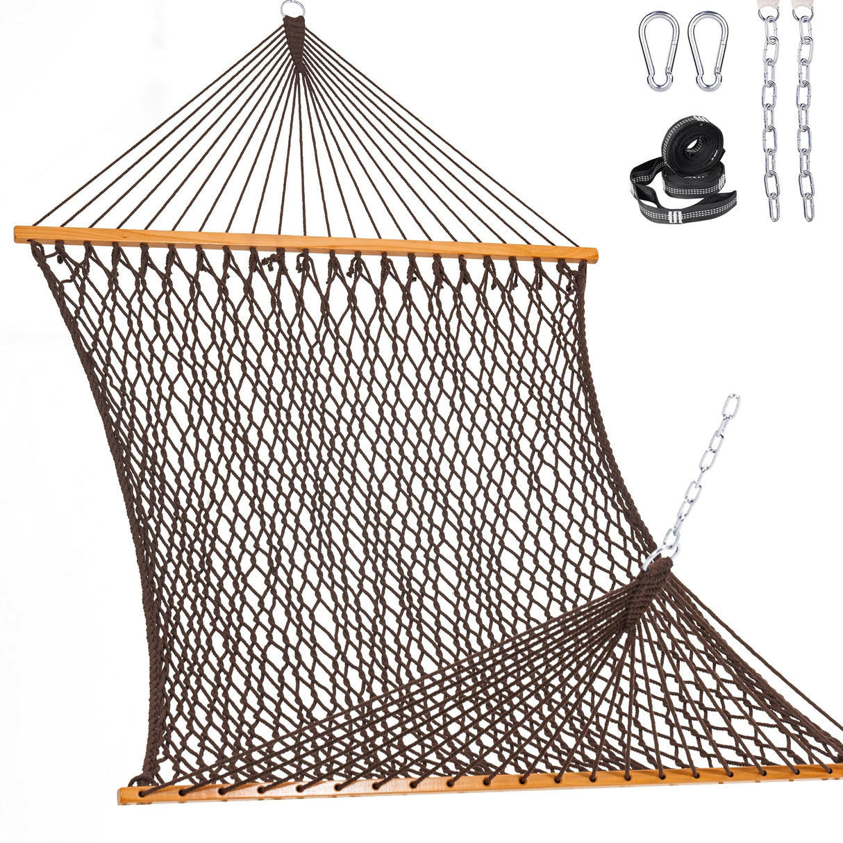Lazy Daze Hammocks Double Rope Hammock, 2 Person Traditional Outdoor Hand Woven Cotton Rope Hammock with Spreader Bar, Chains, Tree Straps for Patio Yard - Max 450 Lbs, Brown Lazy Daze Hammocks