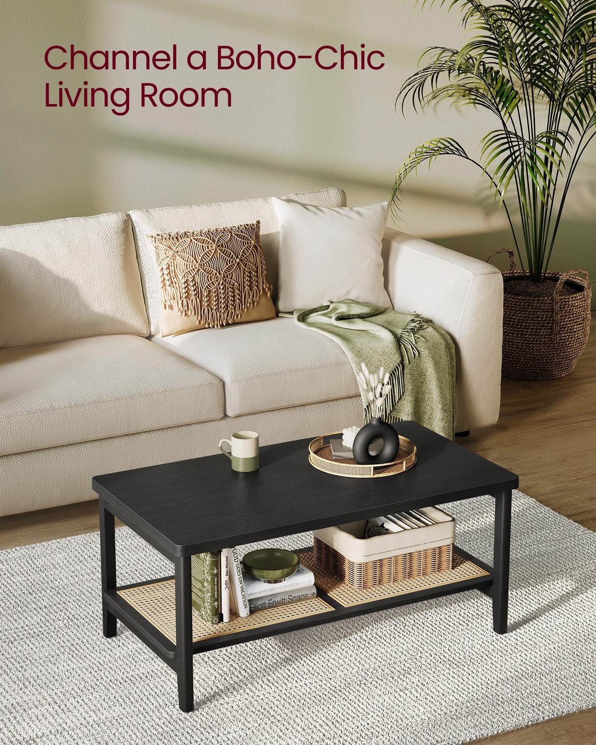 VASAGLE 2-Tier Coffee Table for Living Room, Living Room Table Rectangular Center Table, with PVC Rattan Storage Shelf, Rounded Corners, Easy Assembly, Boho Style, Ash Black ULCT240B21 VASAGLE