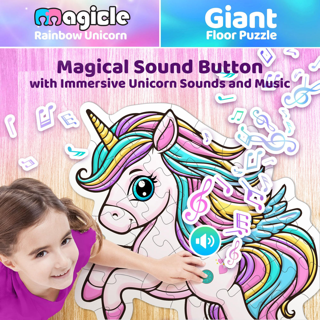 Rainbow Unicorn Giant Floor Puzzle with Sounds, 35 Piece Extra Thick Puzzles, Unicorn Toys for Girls Age 4-6, Floor Puzzles for Kids Ages 3-5 and 6 Year Old Gifts Team Power