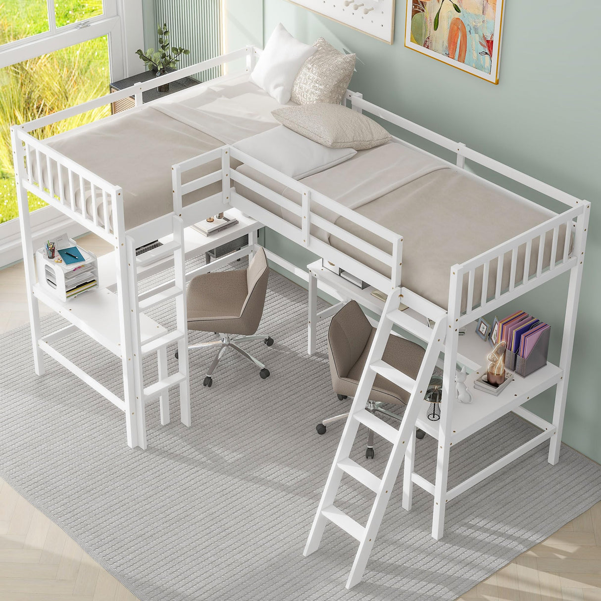 CITYLIGHT L-Shaped Loft Bed with 2 Built-in L-Shaped Desks,Wood Twin Size Loft Bed with Desk Underneath for Kids,Double Loft Beds with Guardrails and Ladders for Boys Girls Teens,White CITYLIGHT