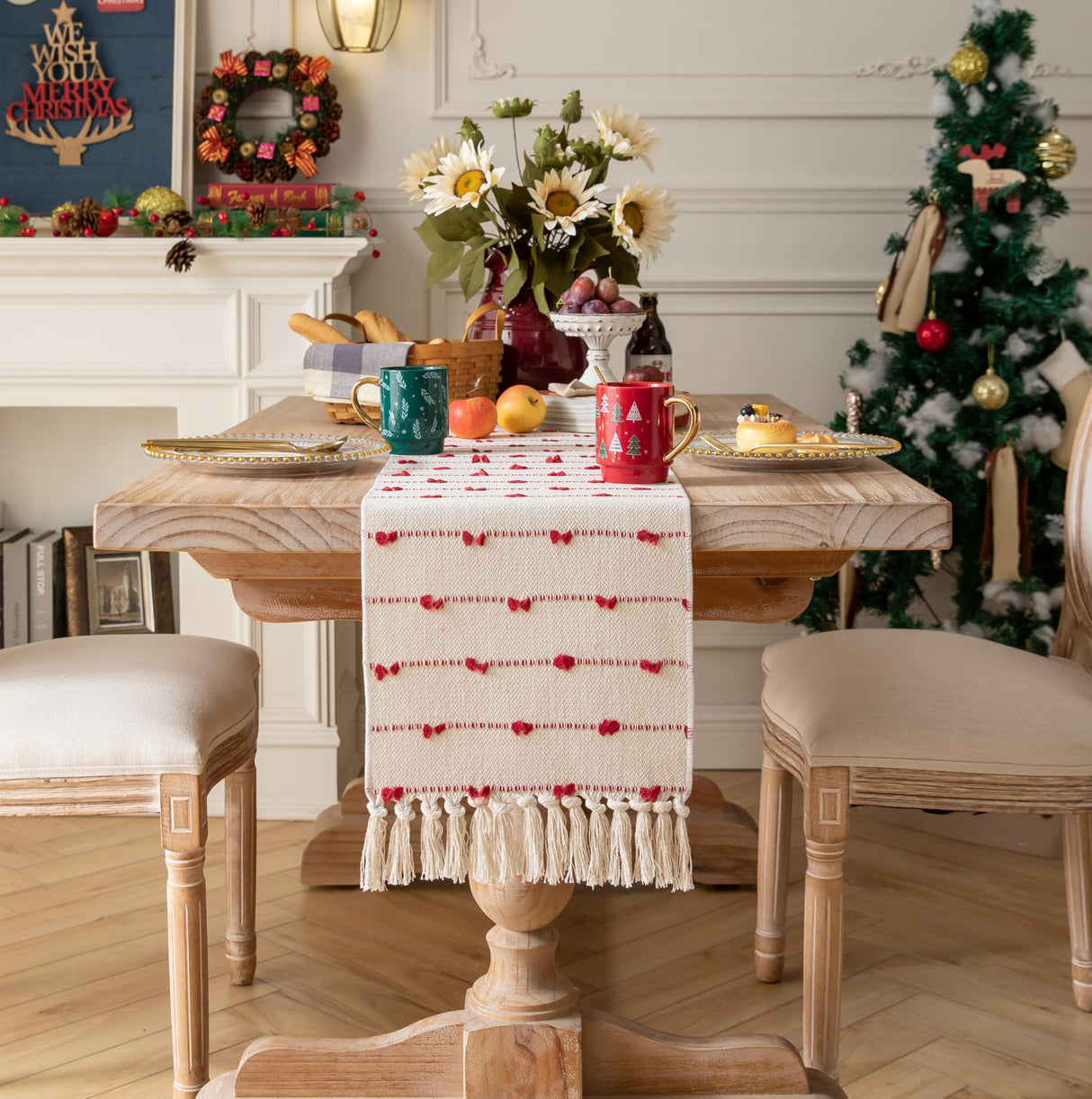 Caflife Christmas Table Runner 90 Inchs Long for Modern Farmhouse Room Home Christmas Decorations, Boho Red Table Runner, Natural Cotton Woven with Tassels for Holiday Kitchen and Dining Table Decor Caflife