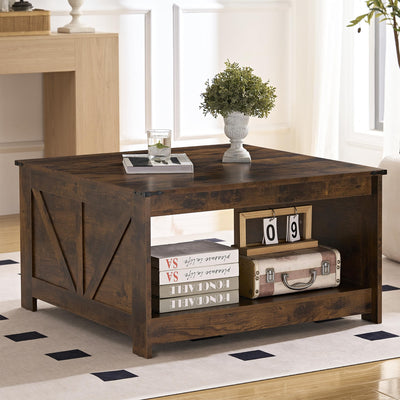 OKYCI Farmhouse Coffee Table for Living Room, Wood Square Coffee Tables, 31.5" D x 31.5" W, Rustic Brown