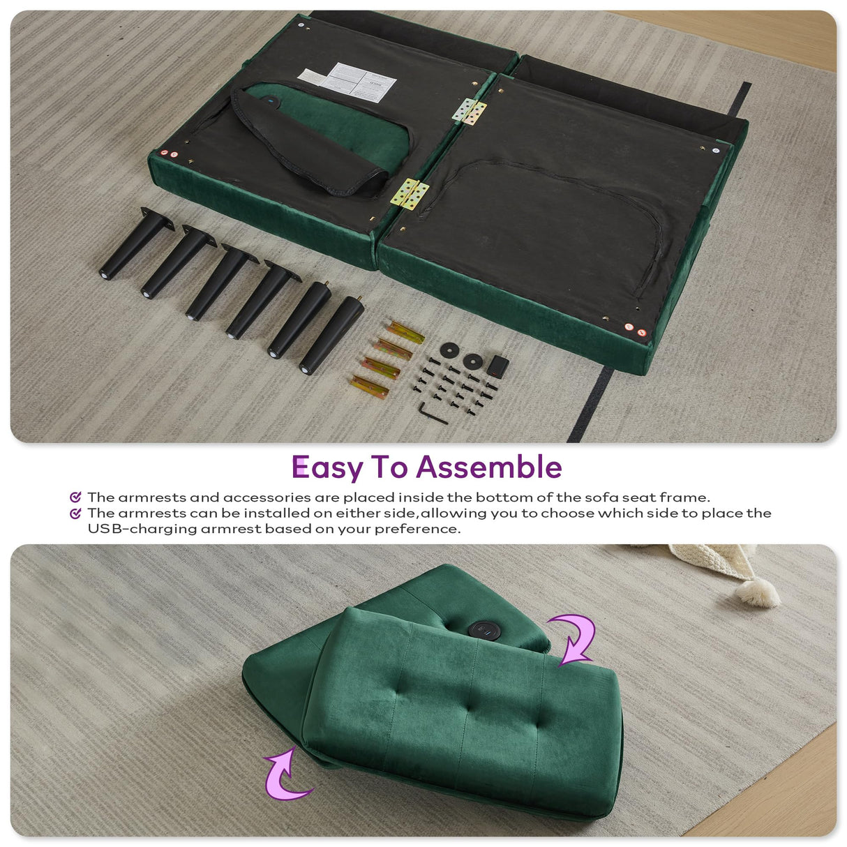 TYBOATLE 65" W Velvet Modern Convertible Folding Futon Couch Sofa Bed w/ 2 USB Charging Ports and arms, Loveseat for Living Room, Office, Apartment, Bedroom (Green) TYBOATLE