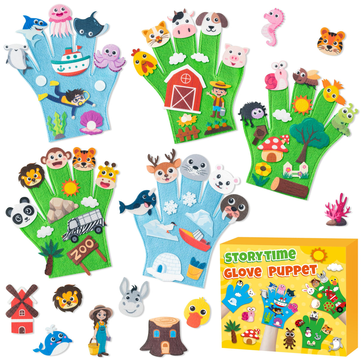 WATINC Animals Felt Story Finger Puppets - 5Pcs DTY Animal Storytelling Hand Puppet Felt Education Gift, Farm Insect Zoo Ocean Polar Animal Storytime Early Learning Role Play for Kids WATINC