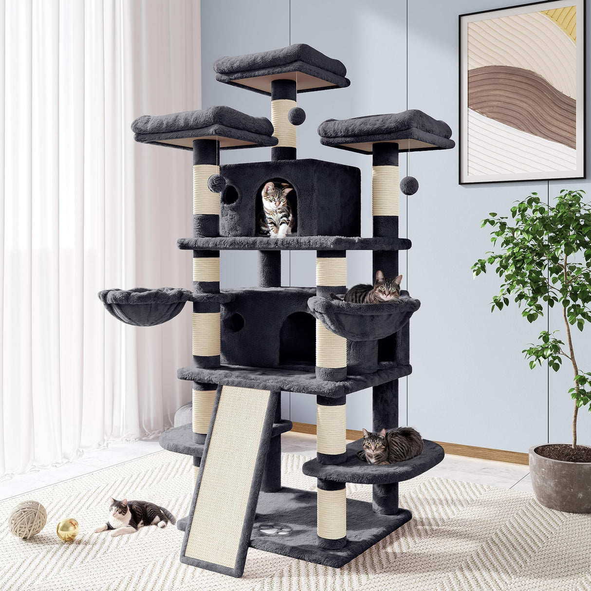 Allewie 68 Inches Cat Tree House with Condo, Scratching Post, and Multi-Level Towers for Cats - Smokey Grey Allewie