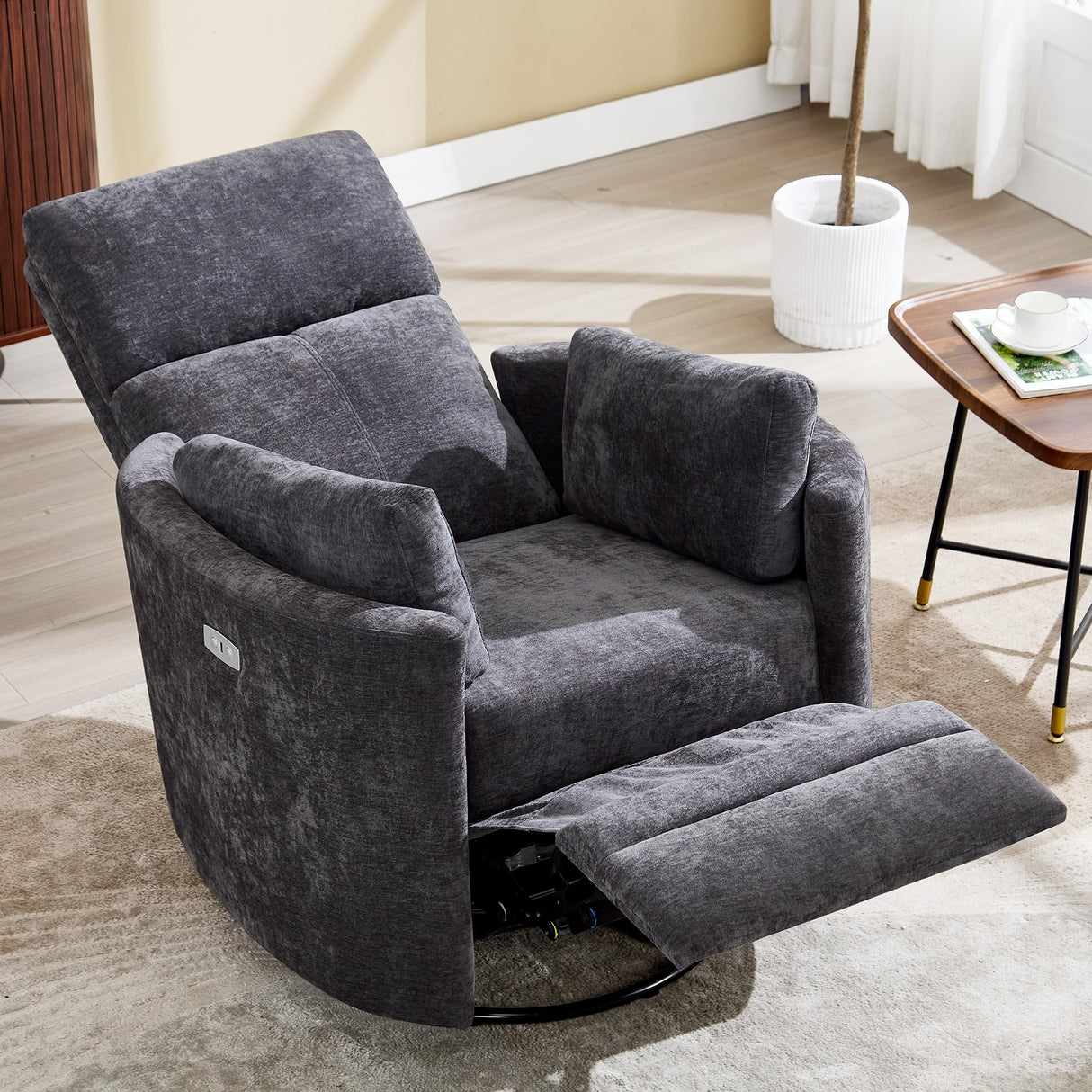 Recliner Swivel Glider Electric Rocking Chair with USB Port,Upholstered High Back Nursery Rocking Chair,Adult Power Recliner Chair with 2 Pillows for Living Room Bedroom(DRAK Grey, Power-Driven) choairy