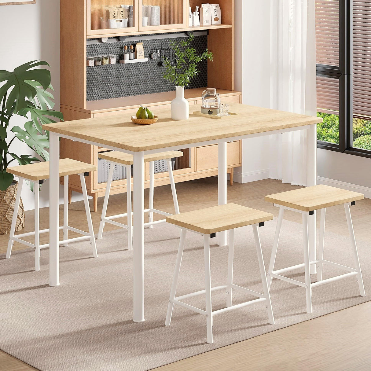 VECELO Kitchen Table and Chairs for 4, Dining Room Set with Chairs/Stools, Heavy-Duty Metal Frame with Wooden Tabletop for Small Spaces, Easy Assembly, Natural Oak VECELO