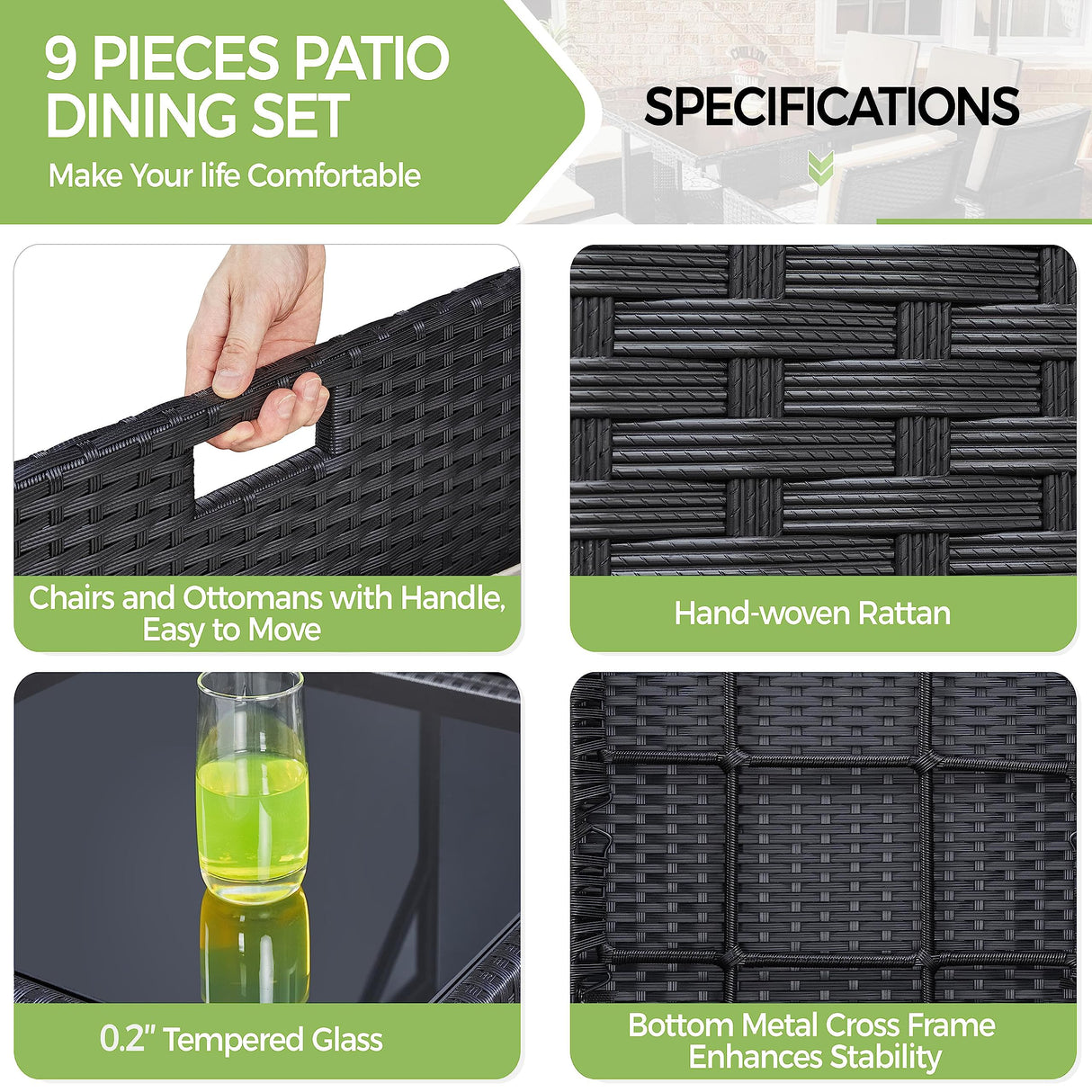 Yaheetech 9-Piece Patio Dining Sets Outdoor Space Saving Rattan Chairs with Glass Table, Wicker Patio Furniture Sets Outdoor Sectional Conversation Set with Removeable Cushions, Black Yaheetech